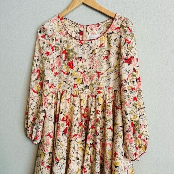 31 Sons de Mode Boho Floral Pleated Swing Flowy Round Neck Long Sleeves Size M - Picture 3 of 10